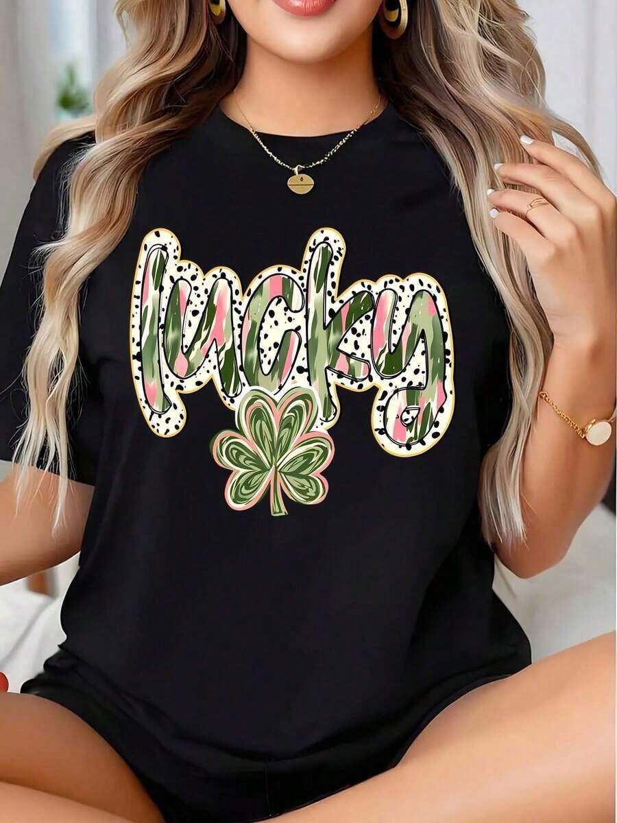 1 Lucky Shamrock Graphic Tee For St. Patrick's Day, Casual Women's Tee For Festive Celebrations. It's A Perfect Gift For Friends And Family On Any Holiday Or Special Occasion, 180g 100% Cotton. - 黑色 - 查看 1