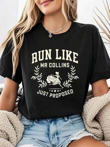 1 pieza - Camiseta de Mujer con Estampado Gráfico "Corre como el Sr. Collins, acaba de proponerlo", Manga Corta, Cuello Redondo, Top Casual para Verano y Primavera, Ropa de Mujer, 180g, 100% Algodón - Negro - Ver 7