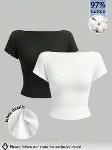 Set de 2 camisetas de mujer sin sujetador de cuello redondo y espalda descubierta, de manga corta, en negro y blanco.Camisetas casuales, minimalistas, vintage y elegantes, versátiles para ir al trabajo, la playa, de vacaciones, en verano - Multicolor - Ver 9