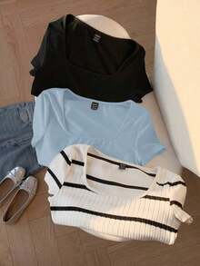 Set de 3 camisetas básicas de cuello redondo y manga corta para mujer, en negro y blanco - Azul - Ver 1