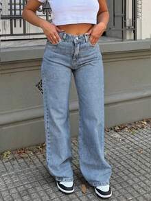 Jeans rectos de pierna suelta con bolsillo en diagonal de unicolor para mujer - Lavado ligero - Ver 3