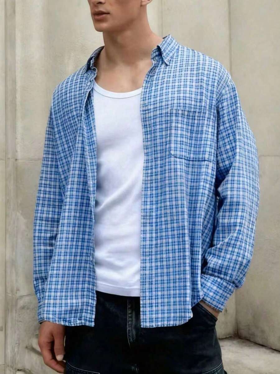 男士格子长袖单排扣口袋休闲通勤衬衫,适合春、秋、冬季穿着 - 藍色 - 查看 1