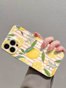 1pc Ins Style Fresh Lemon Flower Leaf Classic Striped Pattern Perforated Glossy Filmic Hard Phone Case, Suitable For IPhone 11/12/13/14/15/16 Pro Max - Multicolor - View 3