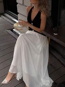 Đầm dài phối voan và nhung đen trắng thời trang thanh lịch khóa kim loại phối màu, mẫu mới Xuân/Hè 2026, đầm dài trang trí kim loại với khóa kim loại, đầm đi nghỉ mát cho nữ, đầm duyên dáng cho nữ, đầm dự đám cưới, trang phục du lịch biển cho nữ. - Đen và trắng - Xem 5