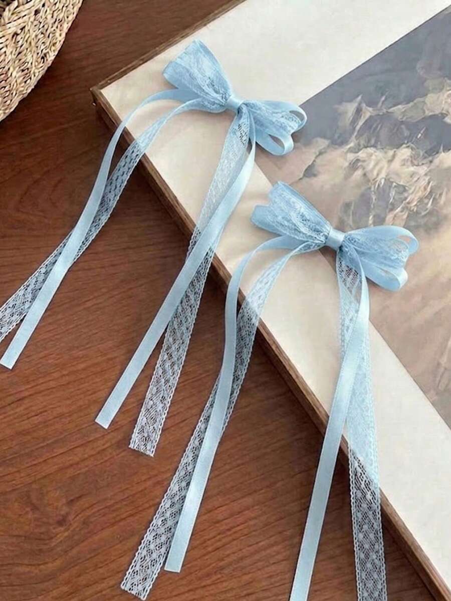 2个优雅蕾丝缎面蝴蝶结发夹,女士双马尾发圈,高端时尚发饰,带缎面尾带,适合节日、派对等场合。 - 淺藍色 - 查看 1