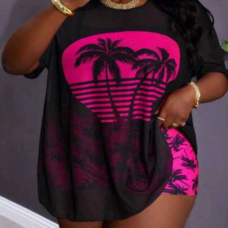 CURVE+ Curved Plus Size Women's Minimalist Casual T-Shirt+Plus Size Vest Bikini+Plus Size Shorts, Suitable For Daily Wear On Summer Beach Vacations, Plus Plus Size Three Piece Swimsuit,Curve Plus ,Hoho Vacationbeach Outfits For Woman/Beach Dress/Beach Vacation Outfits/Beach Essentials / Graduation/Tea Party Dresssummer/Country/Beach Vacation Outfits/Beach Outfits/Beach Wear Plus Size Bathing Suits Women - Multicolor - Ver 1