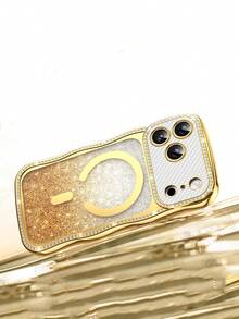 1 pieza Funda de teléfono magnética con estrella chapada en lujo y ola, película de lente con brillo degradado, adecuada para iPhone 17/16/15/14 Pro Max, cobertura completa de alta gama anti-caídas - Dorado - Ver 5