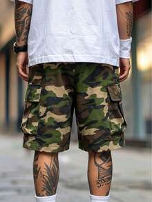 Men's Camouflage Print Cargo Shorts With Multiple Pockets, Elastic Waist And Drawstring Casual Shorts - Army Green - View 5