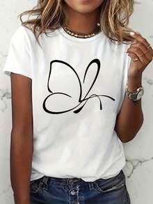 Camiseta de Mujer con Diseño de Mariposa - Manga Corta y Cuello Redondo |   Prenda casual de verano de elasticidad media, adecuada para uso diario, lavable a máquina, no es una camiseta. - Blanco - Ver 1