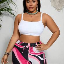 Swim Lushore Plus Size Women Summer Beach Wireless Tankini Set & Palm Tree Printed Short Sleeve Cover Up - Multicolor - Ver 5