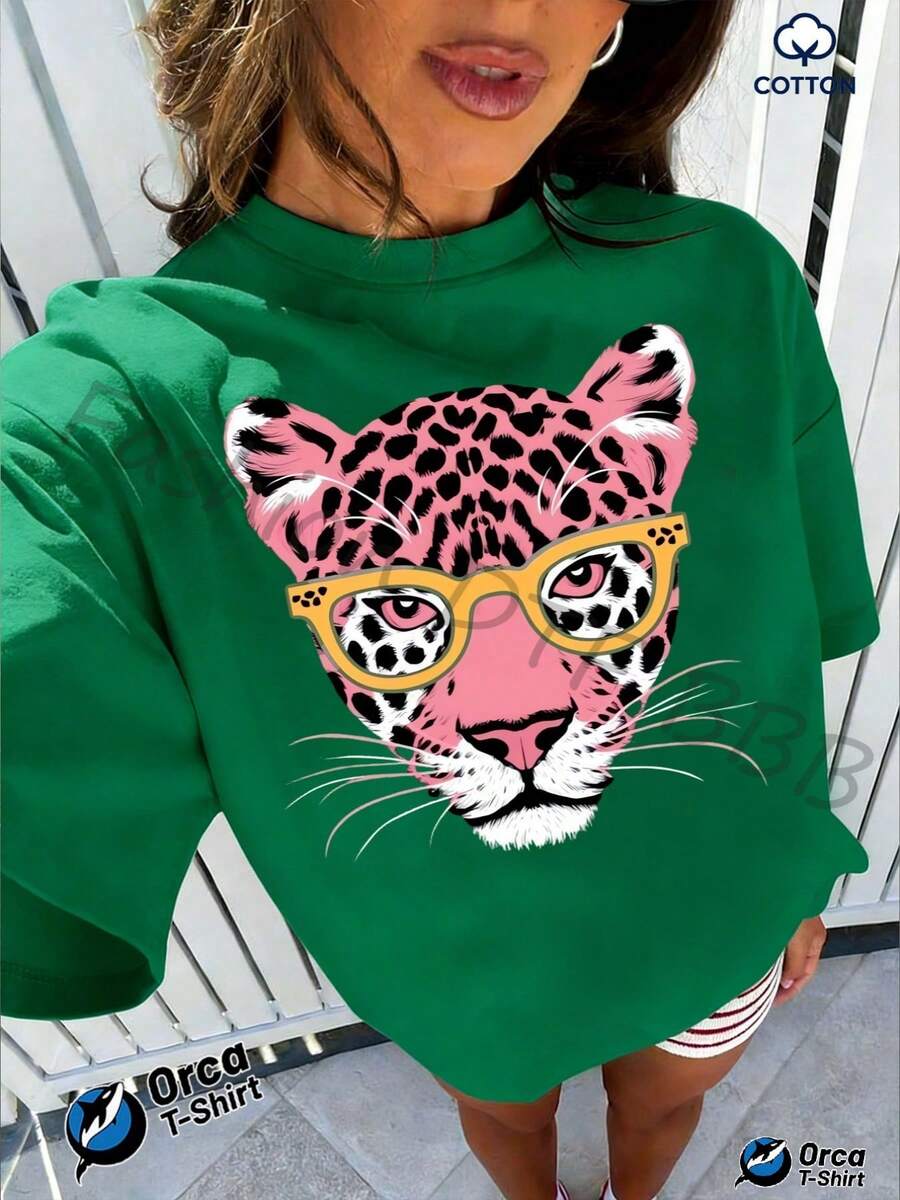 Glasses With Yellow Frame And Pink Leopard Print, With Cheetah Head Print, Regular Fit T-Shirt, 100% Cotton, 180 Grams, Orca Brand, Suitable For Casual Use, Outdoor Outings, Sports, Holidays, Gifts And Other Occasions. - 綠色 - 查看 1