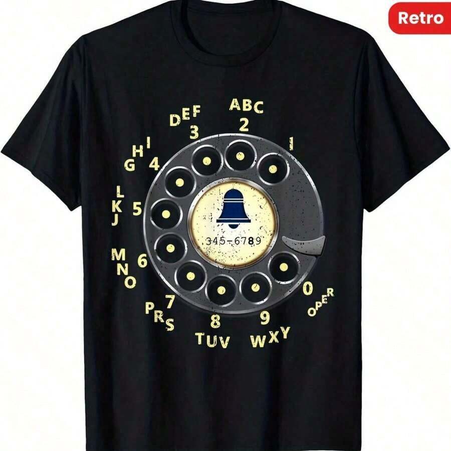 T-shirt pour homme en pur coton 180GSM, T-shirt imprimé en pur coton avec motif de téléphone à cadran rotatif vintage, confection tricotée, doux, respirant, durable, rétro, personnalisé, facile à nettoyer. - Noir - Voir 1