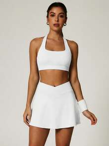 NcmRyu Conjunto deportivo de top sin espalda y minifalda de unicolor para mujer - Blanco - Ver 5