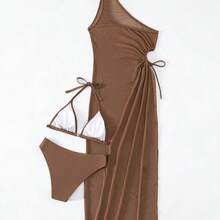 Swim Vcay Summer Beach Mono Bikini Set Halter Triangle Bra & Bikini & Drawstring Cutout Side Cover Up Dress 3 Piece Swimwear - Café integral - Ver 5