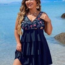 Swim Lushore Plus Size Floral Print Patchwork Tankini Swimwear Set For Summer Beach Vacation - Multicolor - Ver 10