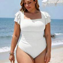 Swim Chicsea 2026 New Summer Beach Vacation Ruffled Petal Sleeve Plus Size One-Piece Swimsuit - Blanco - Ver 1