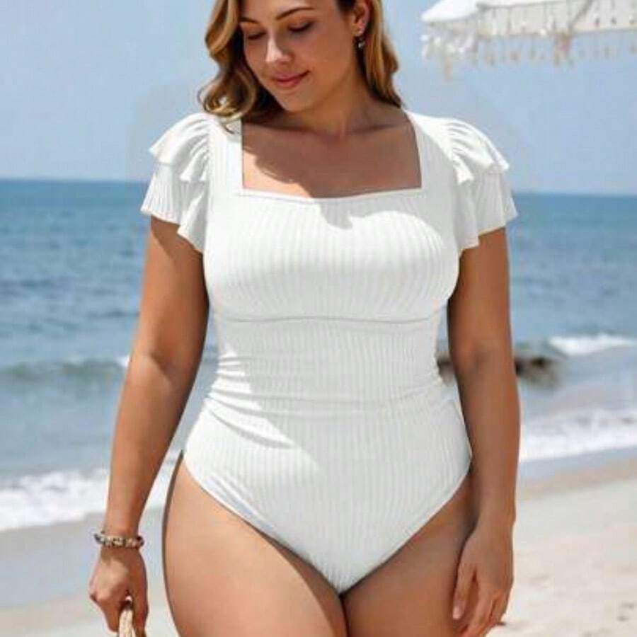 Swim Chicsea 2026 New Summer Beach Vacation Ruffled Petal Sleeve Plus Size One-Piece Swimsuit - Blanco - Ver 1