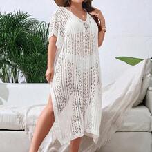 Swim Lushore Plus Size Hollow Out Split Thigh Cover Up Dress Without Bikini Summer - Marrón - Ver 4