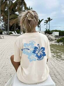 New Summer Collection 2026, [Double-Sided Print] Women's Casual Summer T-Shirt, Cool Style, ALOHA HAWAII Hibiscus Flower Print, Short Sleeve, Round Neck, Drop Shoulder, Plus Size [Lan] 100% Cotton, Sizes S–7XL - 杏色 - 查看 4