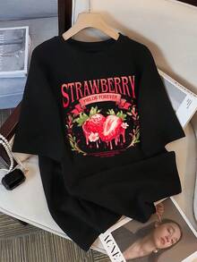 Camiseta para Mujer con Estampado de Fresas, Cuello Redondo, Manga Corta, Diseño Streetwear Casual, Ideal para Verano - Negro - Ver 9