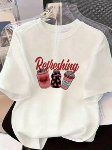 Camiseta de Manga Corta con Frase "Refreshing" y Latas, Tarros y Vasos,Camiseta de manga corta de moda para primavera y verano de 2026, hecha en México, 180 gramos. Estampado de dibujos animados, modelo de pareja, apta para uso interior o exterior. Cuello redondo, unisex, ideal para oficina y ocio. Paquete de una pieza. - WH-P631577SLNDXZGY383 - Ver 2