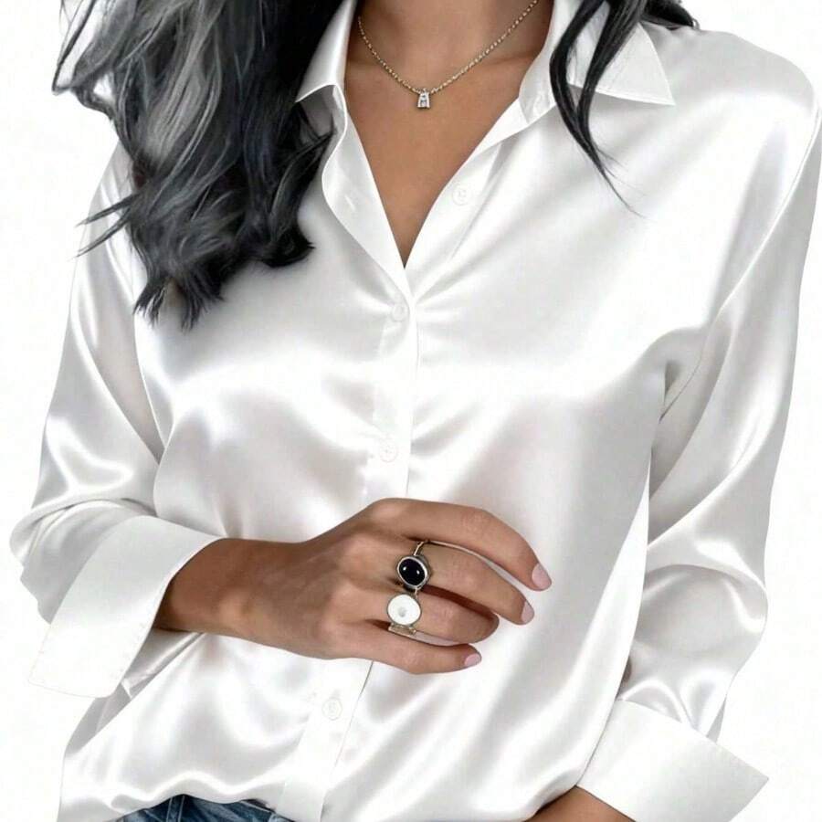 2026 Women's Satin Button-Up Blouse, Elegant Collared Shirt For Office Or Casual Wear, Autumn Winter Spring Summer Tops Summer Outfits For Women Summer Clothes Shirts Vacation Outfits Women Spring Outfits For Women Blusas Bonitas De Mujer Cute Tops Going Out Tops Women - 白色 - 查看 1
