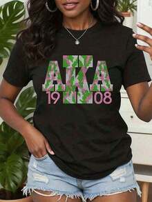 Camiseta TopsWomen Aka 1908 con estampado de camuflaje, cuello redondo, ropa casual, regalo para miembro de la hermandad Aka, 220gY2Y-Atuendos de primavera para mujer casual. |   Diseño exquisito |   Suelto y cómodo |   Fácil de combinar | - Negro - Ver 7