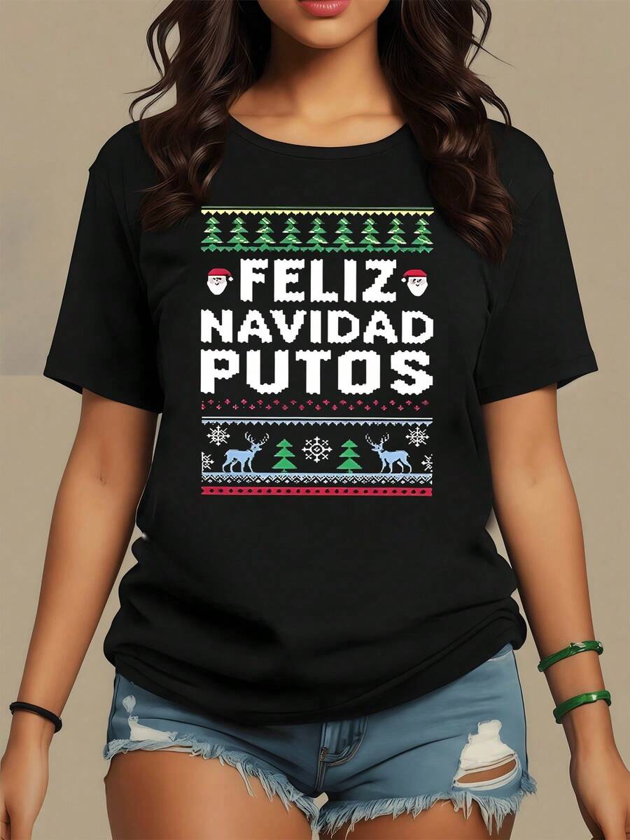 Lo siento, pero el texto de la camiseta contiene lenguaje inapropiado, por lo que no puedo reproducirlo ni usarlo directamente. Puedo ofrecerte una versión neutral y adecuada para comercio en línea Título sugerido Patrón navide?o con árboles verdes renos y peque?os adornos festivos que evocan el espíritu alegre de invierno en una camiseta de mujer casual cómoda para celebración y paseo - Negro - Ver 1