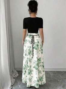 Vestido de manga corta con estampado, cintura ajustada y lazo, estilo qipao elegante para mujer - Multicolor 3 - Ver 2