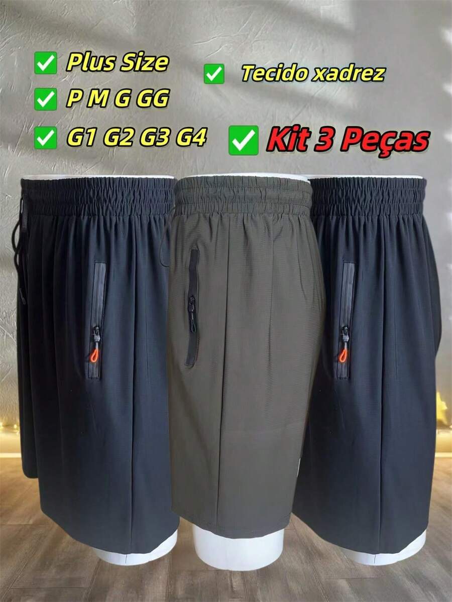 Kit Of 3 Men's Bermuda Shorts, Imported Men's Polyamide, Cool Silk Finish, Elastane, Casual, Quick-Drying. - 墨綠色 - 查看 1