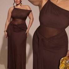 Plus Size Women's Beach Vacation Asymmetric Shoulder Twist Mesh Flowy Dress,Formal Dresses For Women,Wedding Guest Dress Women,Dress Plus Size Woman,Dresses Casual,Plus Size Woman Dresses,Dresses Casual,Gown For Women Elegant,Birthday Dress,Sexy,Wedding,Brown Dress - Marrón - Ver 1