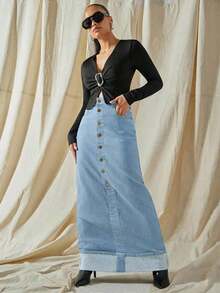 High Waist Cuffed Hem Button Up Maxi Denim Skirt With Stretch - Lavado medio - Ver 7