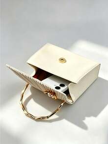 Beige Pleated Evening Clutch Bag With Pearl Flower Decor & Bamboo-Style Metal Handle, Detachable Chain Crossbody Purse For Wedding & Cocktail Party - Apricot - View 4