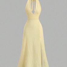 Sweetro Sexy Halter Deep V-Neck Backless Fitted Slit Solid Color Dress - Amarillo - Ver 2