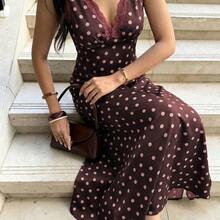 PariChic 2026 New Arrival Women's Polka Dot Satin Slip Dress With Lace Trim, V Neck Sleeveless Split Hem Maxi Dress, Elegant Spring Summer Vacation Date Night Long Dress For Women - Multicolor - Ver 7