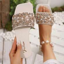 Plus Size Women's White Rhinestone Slippers, Flat Sandals Size 41-43 - Beige - View 10