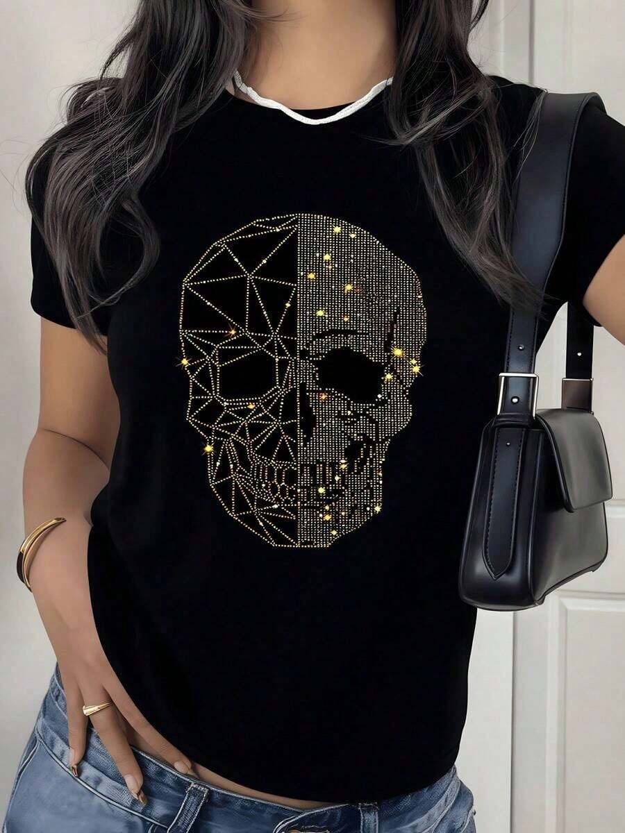 Women's% Cotton-shirtCráneo geométrico formado por líneas doradas y puntos brillantes que simbolizan la conexión entre tecnología y energía vital en camiseta para mujer% algodónLightweight, breathable, summer best-seller - Negro - Ver 1