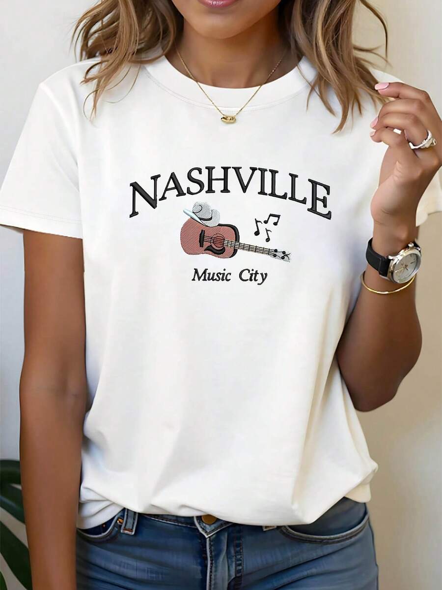 Talla Grande - Talla Grande - NASHVI/ Music City Graphic Print Camiseta de Talla Grande para Mujer, Manga Corta Cuello Redondo Top Casual para Verano y Primavera, Ropa de Mujer