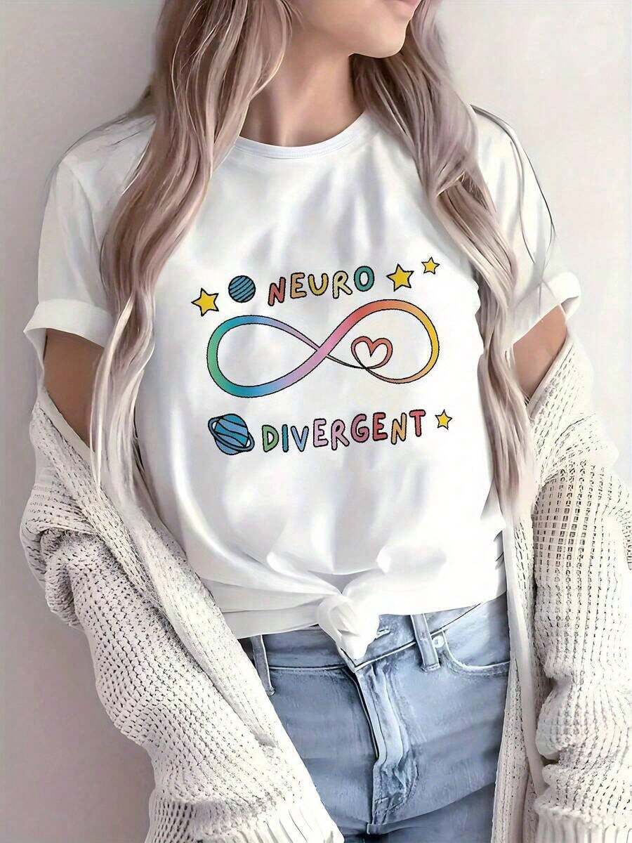 1 Piece Women's Casual Short Sleeve Crew Neck T-Shirt - Neurodivergent Graphic Print With Rainbow Infinity Symbol And Stars, Comfortable Micro Stretch Fit, Spring/Summer Essential, Machine Washable, Playful Printed T-Shirt | Soft Fabric T-Shirt, Ladies T-Shirts 180g 100% Soft Cotton 100% Cotton Blouses Pretty - 白色的 - 查看 1