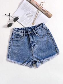 Pantalones cortos vaqueros casuales, estilo minimalista para uso diario - Azul lavado medio - Ver 1