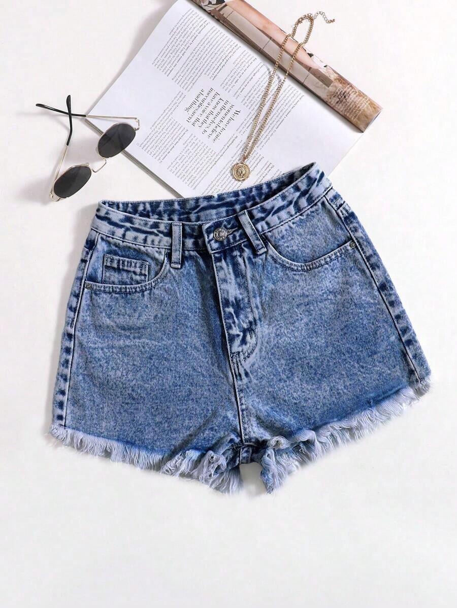 Pantalones cortos vaqueros casuales, estilo minimalista para uso diario - Azul lavado medio - Ver 1