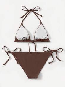 Women's Simple Solid Color Swim Bikini With A Halter Neck And Cutout, Suitable For Beach Vacations And Summer. - Whole Grain Coffee - View 2