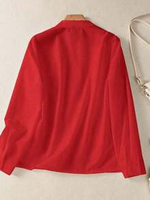 Camisa de mujer de unicolor con cuello en V y botones - Blusa casual y elegante de manga larga con detalle de bolsillo, adecuada para vacaciones, viajes y uso diario, artículo esencial para todas las temporadas de primavera - Rojo - Ver 10