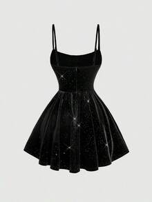 Elegante vestido de tirantes con fruncido en la cintura de color liso - Negro 2 - Ver 2