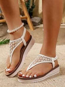 White Mesh Wedge Sandals With Delicate Hollow-Out Details,Classic T-Strap And Elastic Back Strap,Comfy Versatile Shoes For Daily Seaside Summer Trips - White - View 6
