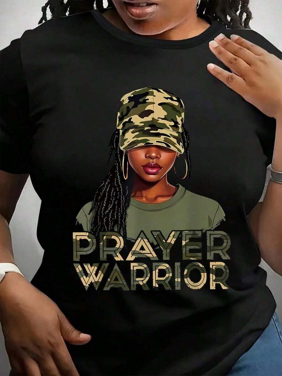 2026 Nuevos productos de gran : camiseta de algodón de cuello redondo para mujer, camiseta con estampado de guerrero de oración para mujer, capa base casual para salidas diarias, uso en todas las estaciones, ajuste cómodo, top con gráfico inspirador, que irradia un natural y elegante, y es un artículo imprescindible para las fiestas de verano. - Negro - Ver 1