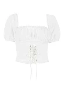 Blusa corta blanca de moda europea y americana, cuello cuadrado sensual con mangas abullonadas, diseño corto ombliguero, cintura ajustada y espalda descubierta - Blanco - Ver 5