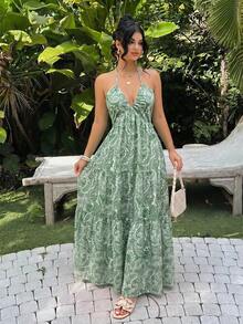 Đầm maxi nữ màu xanh lá cây kiểu boho in hoa điều, cổ chữ V sâu, xếp tầng, vạt bèo nhún, thích hợp cho kỳ nghỉ hè, đi biển hoặc dự tiệc thanh lịch. - màu xanh lá - Xem 4