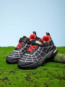 Kids Spider Web Breathable Sports Shoes, Black & Red Contrast Pattern Hook And Loop, Unisex Design Fits All Foot Types, Comfortable Breathable Wear Year-Round, Closure For Easy Wear, Casual Sneakers - Black - View 7