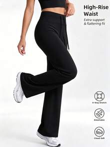 Quần yoga ống rộng suông màu trơn, quần ống đứng cạp cao dây rút, quần thể thao tôn dáng, phù hợp cho mùa xuân, mùa hè, mùa thu, mùa đông, quần thể thao ngoài trời cạp cao co giãn kiểm soát bụng cho nữ, phù hợp cho hoạt động thường ngày, rugby, tập luyện thể hình - màu đen - Xem 3